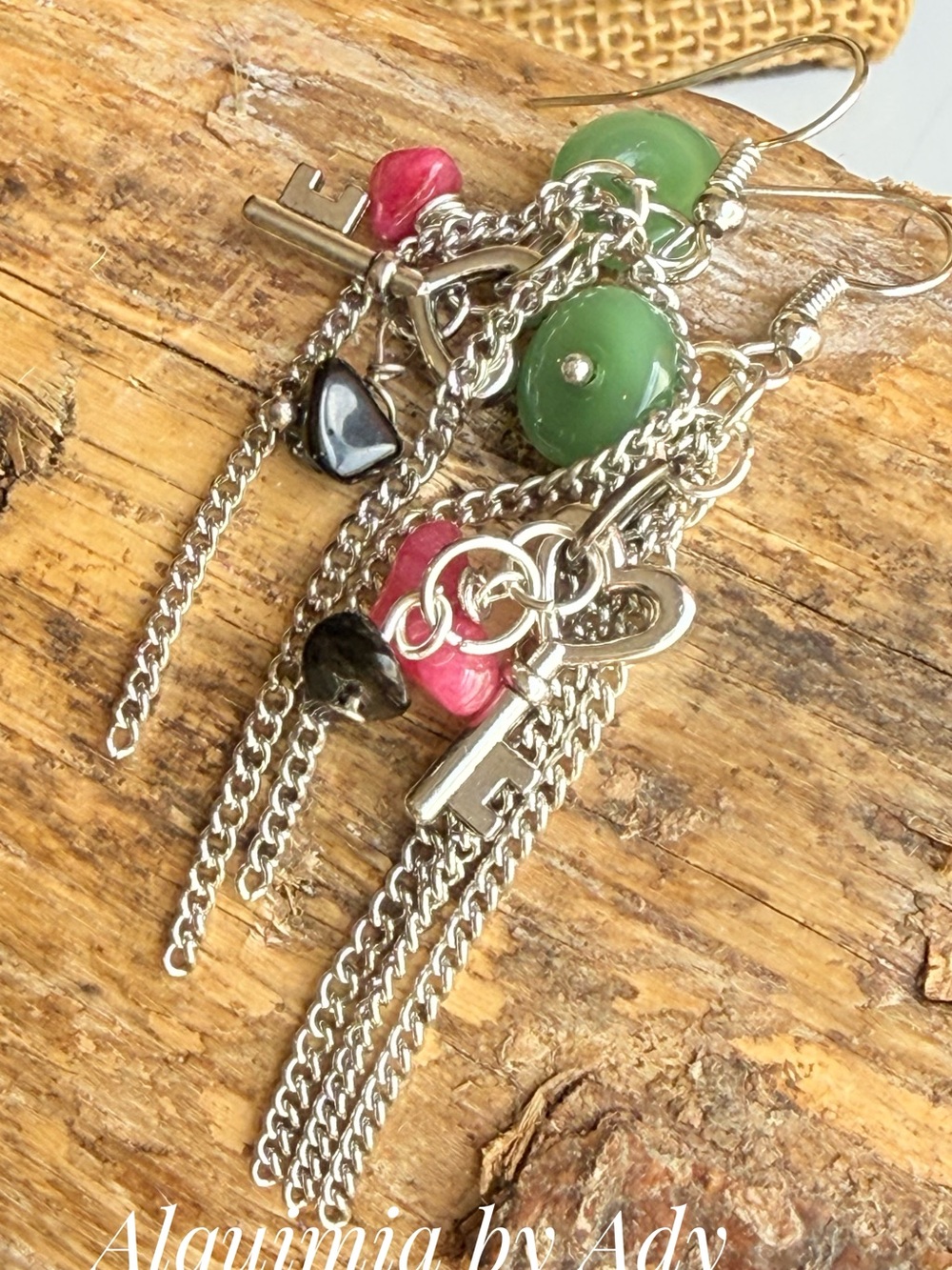 Alquimia Silver-Tone Dangle Earrings with Green jade anyx untreated Ruby Accents